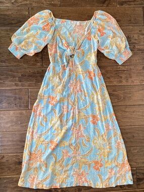 Roxy Evening Delight Floral Hawaiian Tropical Maxi Dress Medium Tie Front